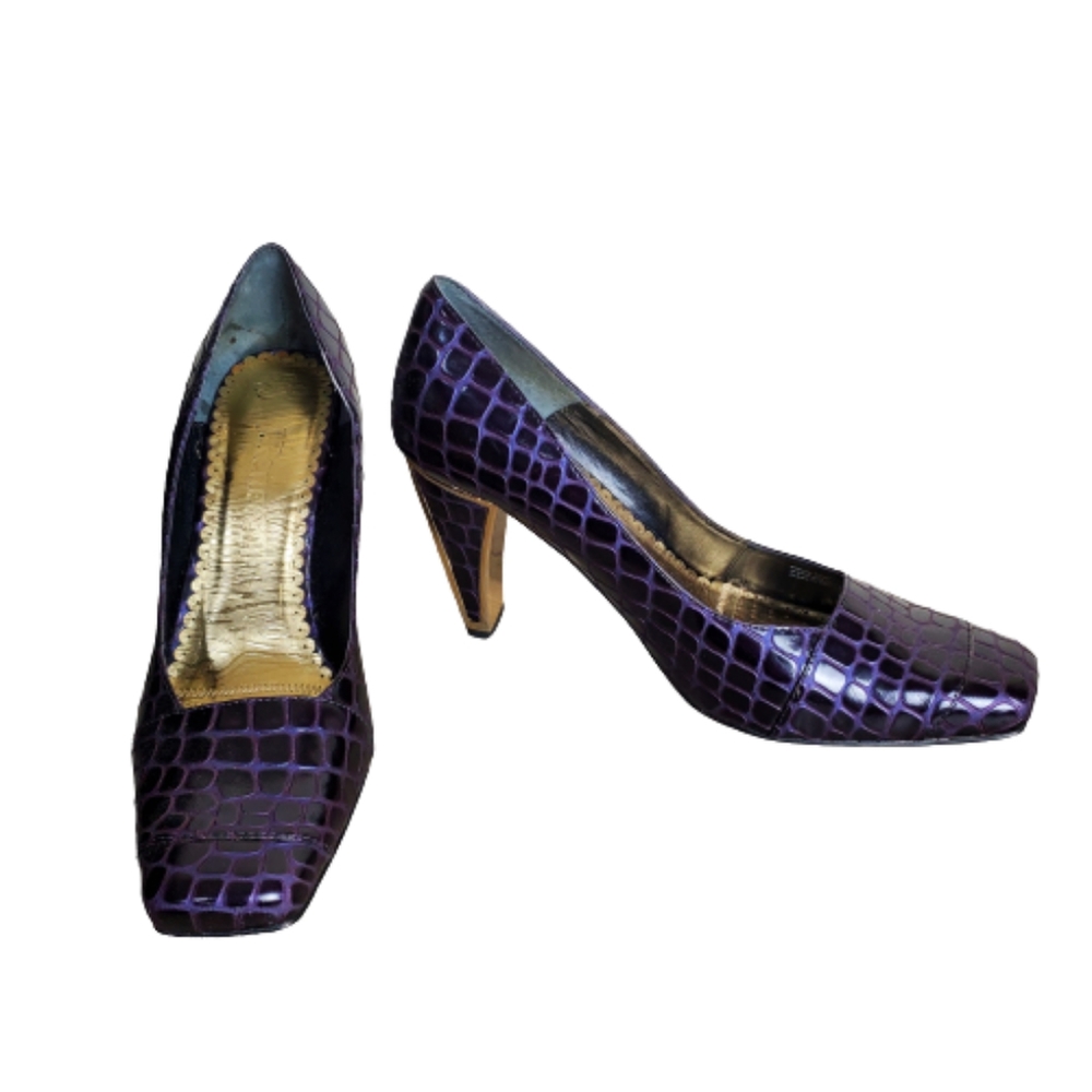 J. Renee Alecia Purple Square Toe Croc Embossed W/ Gold Accents Heels Size 10